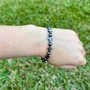 Black Hematite Cross Gemstone Bracelet